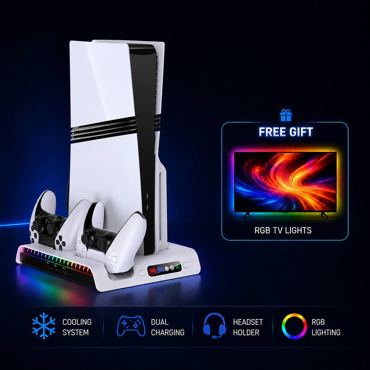 PS5 Charging & Cooling Station With Free RGB TV Lights