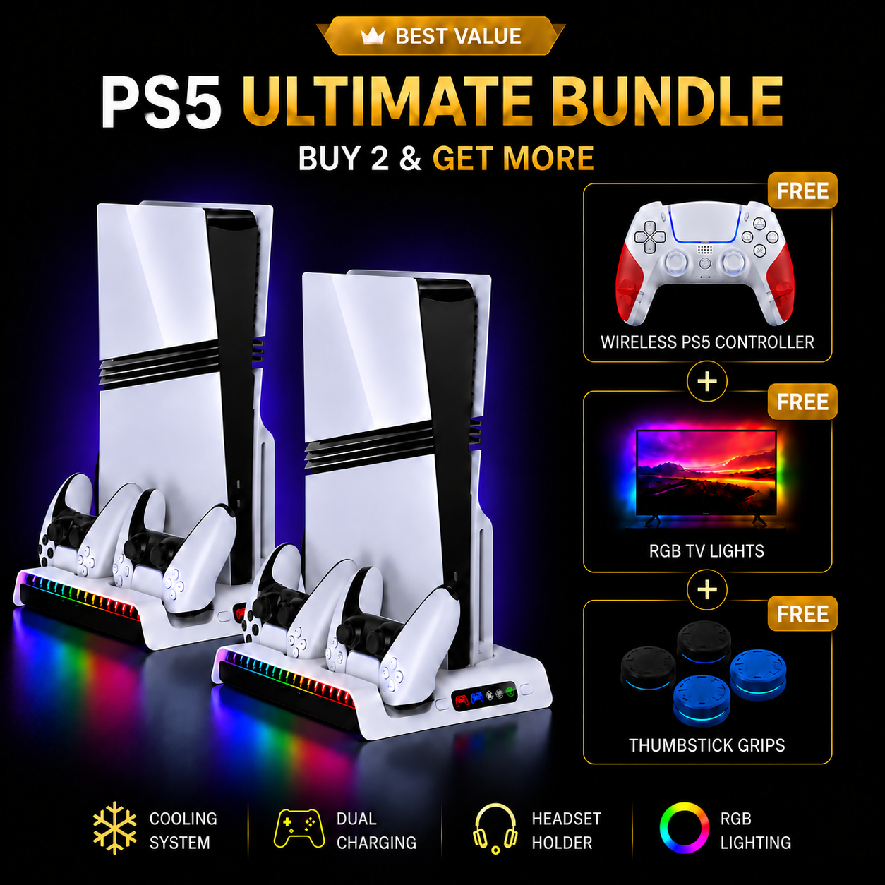 5-In-1 PS5 Charging & Cooling Station + Free Ultimate Gaming Bundle