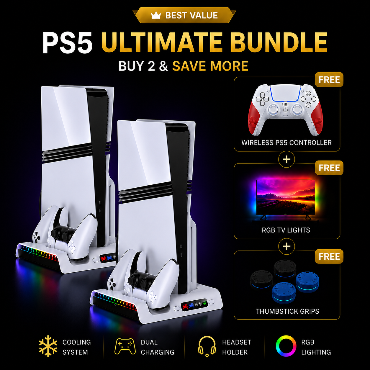 2 x PS5 Charging & Cooling Station + 3 Free Big Gifts