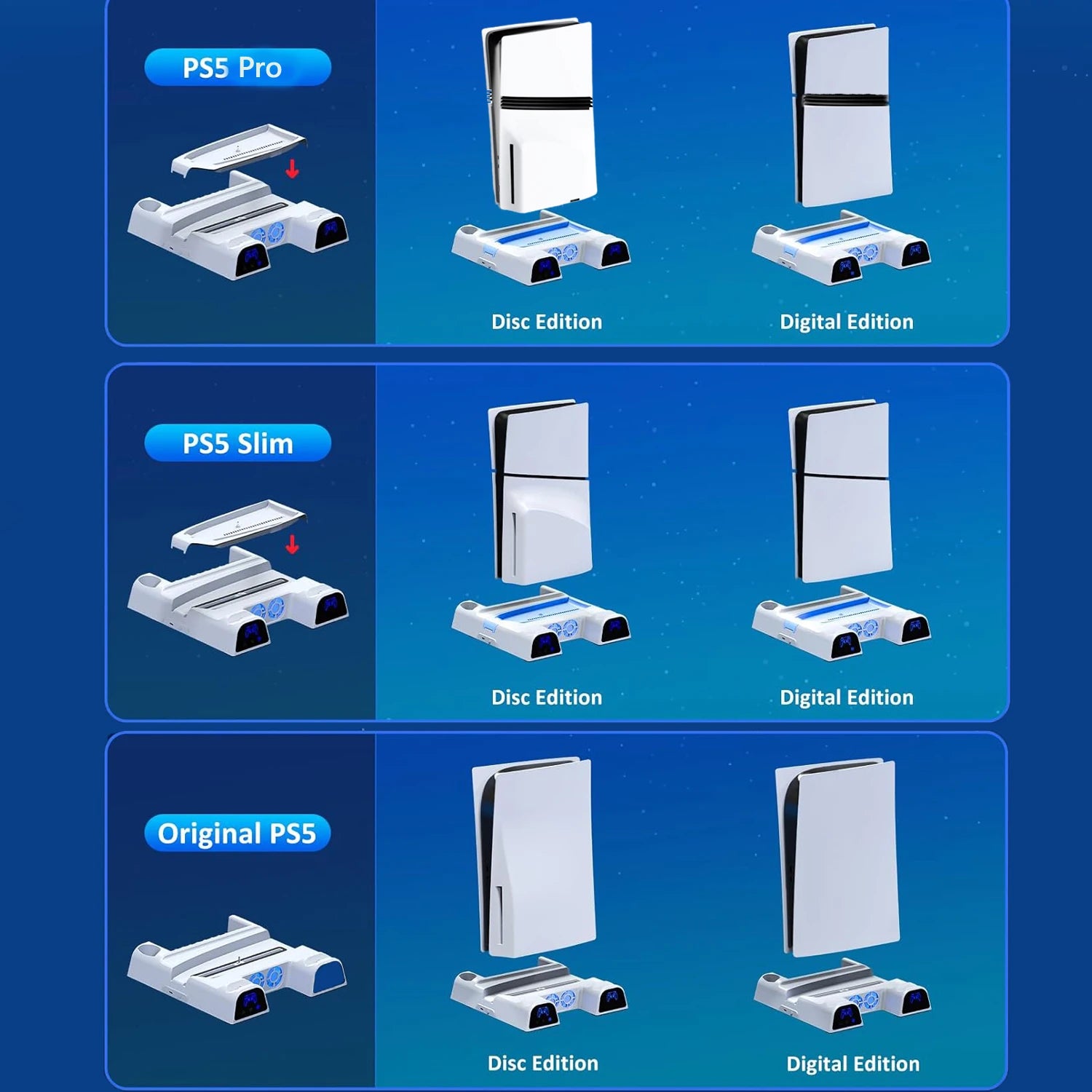 PS5 Cooling Charging Station with 11 Game Organizer for PS5/Slim/Pro Console White